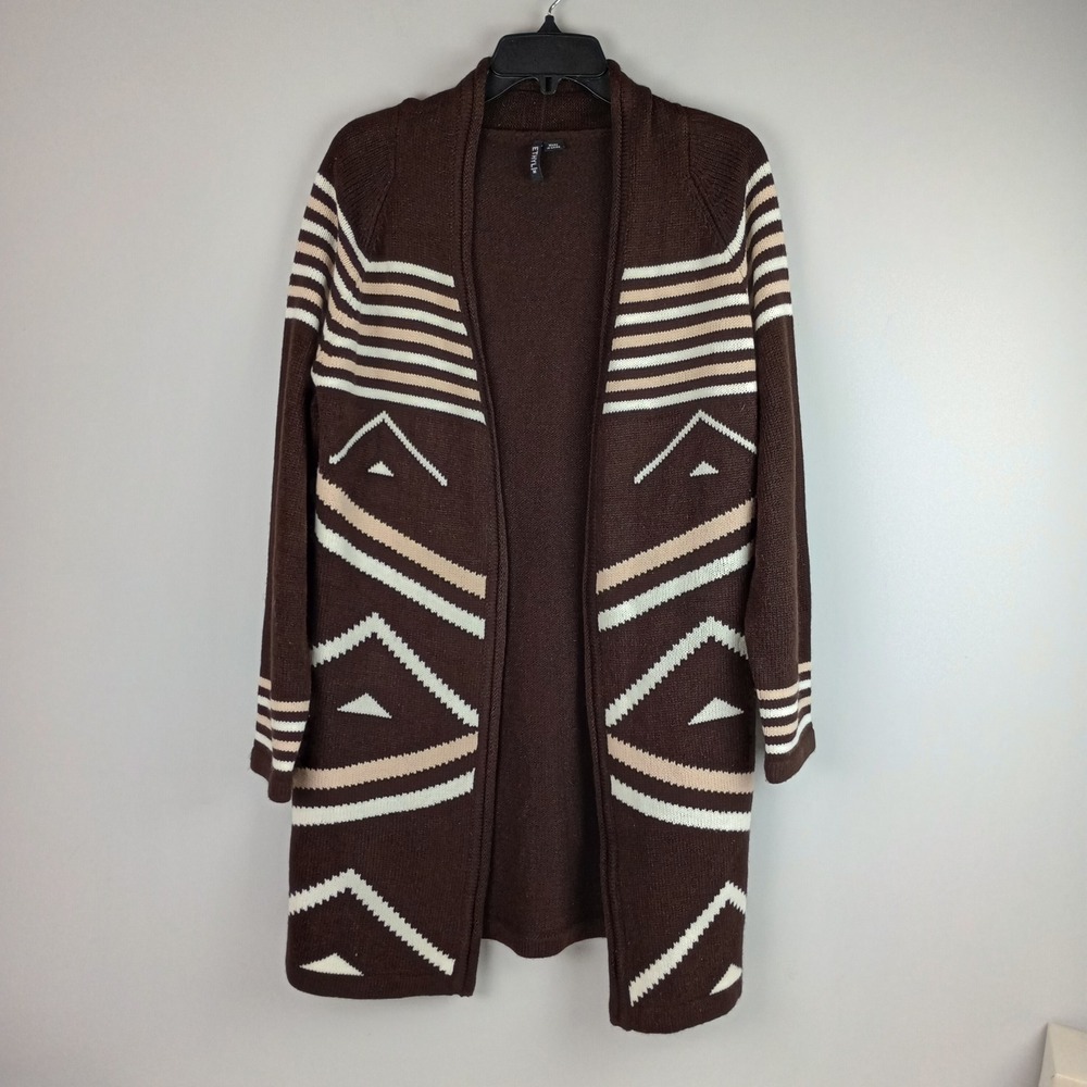 Ethyl Womens M Brown Cream Tribal Open Front Longline Knit Cardigan Sweater